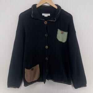 JP BERRINGER Sweater Womens S Patch Pocket Button Up Cardigan Black USA VTG